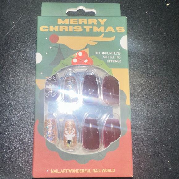 Christmas Press On Nails Reindeer Glitter Gold Maroon Coffin Shape Fake Nails - Picture 4 of 4
